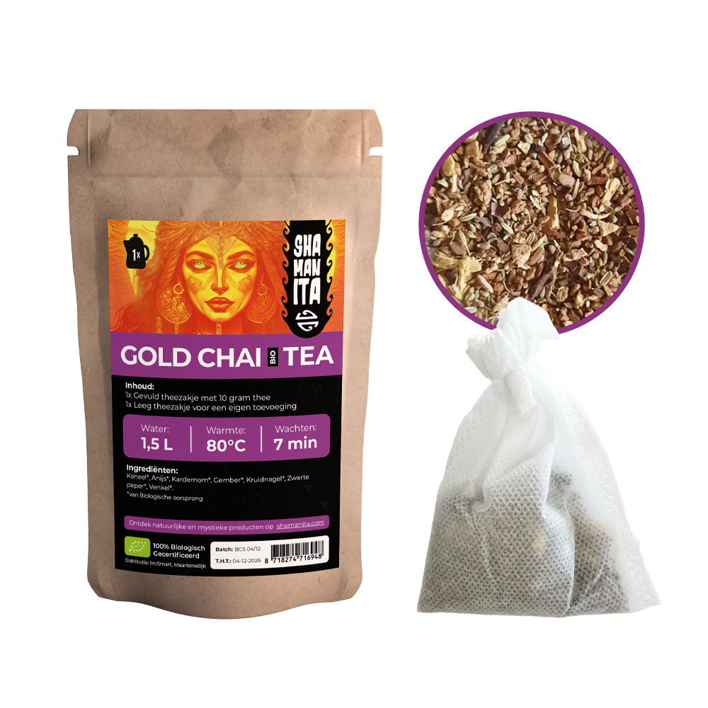 Gold Chai Bio Tea van Shamanita met inhoud